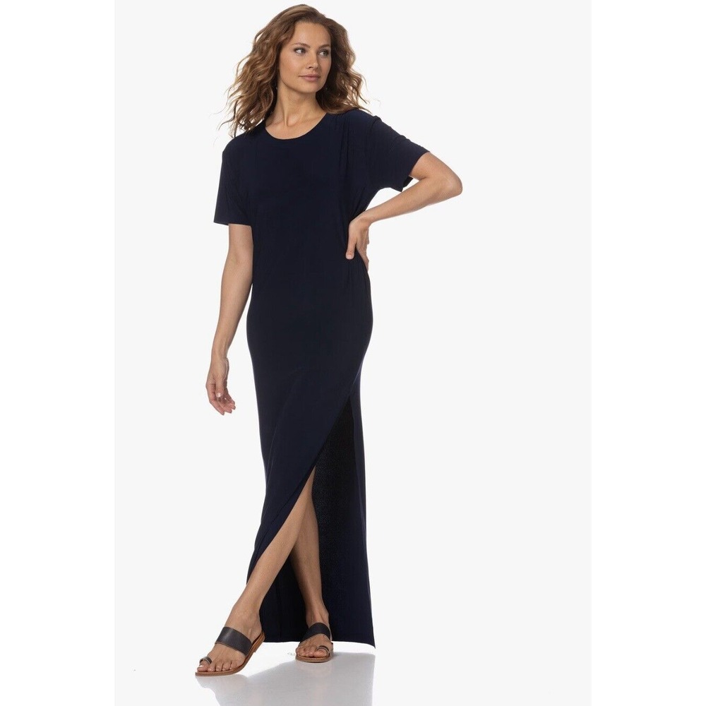 Norma Kamali Jersey Maxi Black Dress With Slit, Size Large Stretchy, NWOT - Ds1